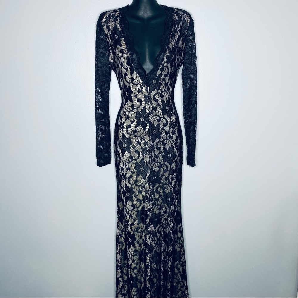 Italian Black Lace Over Nude Long Sleeve Floor Length Dress